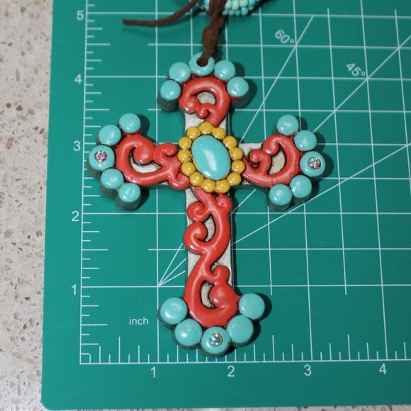 Beautiful Turquoise & Orange Large Cross on Leather Tied to Multi Bead Necklace - Picture 6 of 11